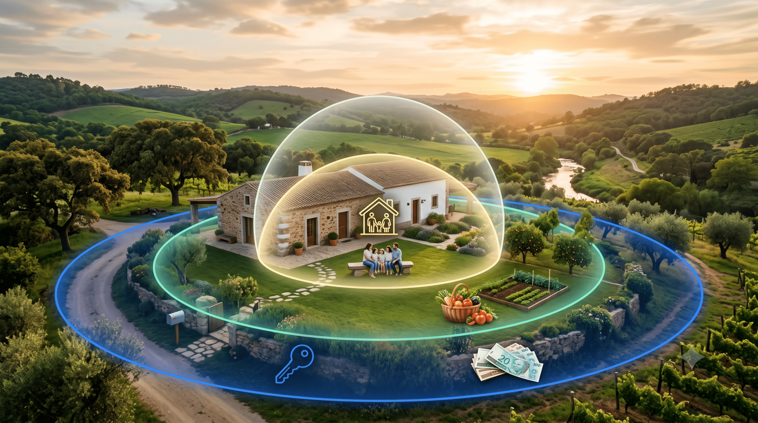 Imagem conceitual em formato paisagem ilustrando as diferenças de direitos imobiliários: uso, usufruto e habitação. Uma casa de campo rústica com uma família sentada no jardim, localizada em um vale verdejante ao pôr do sol, é envolvida por três anéis luminosos concêntricos que representam níveis de direitos. A cúpula interna, amarela, cobre apenas a casa e a família, contendo um ícone brilhante de moradia. O anel intermediário, verde, é mais amplo e inclui uma horta e uma cesta com vegetais frescos. O anel externo, azul, abrange uma área ainda maior do terreno e exibe ícones brilhantes flutuantes de uma chave e notas de dinheiro.