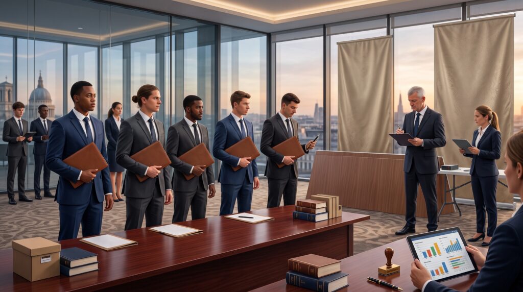 Um grupo de profissionais vestidos em trajes formais está alinhado em uma sala corporativa elegante com grandes janelas de vidro. À direita, avaliadores seguram pranchetas e analisam os candidatos. Em primeiro plano, uma grande mesa de reunião exibe livros jurídicos encapados em couro, documentos e um tablet com gráficos, sem nenhuma palavra ou texto escrito na imagem. Representa como integrar a lista de árbitros da Arbtrato.