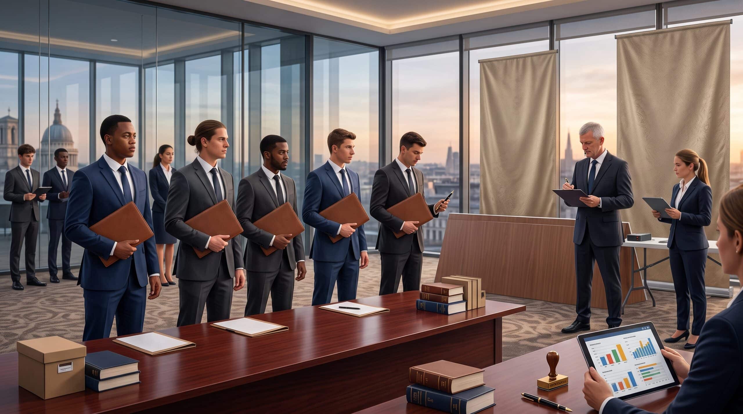 Um grupo de profissionais vestidos em trajes formais está alinhado em uma sala corporativa elegante com grandes janelas de vidro. À direita, avaliadores seguram pranchetas e analisam os candidatos. Em primeiro plano, uma grande mesa de reunião exibe livros jurídicos encapados em couro, documentos e um tablet com gráficos, sem nenhuma palavra ou texto escrito na imagem. Representa como integrar a lista de árbitros da Arbtrato.