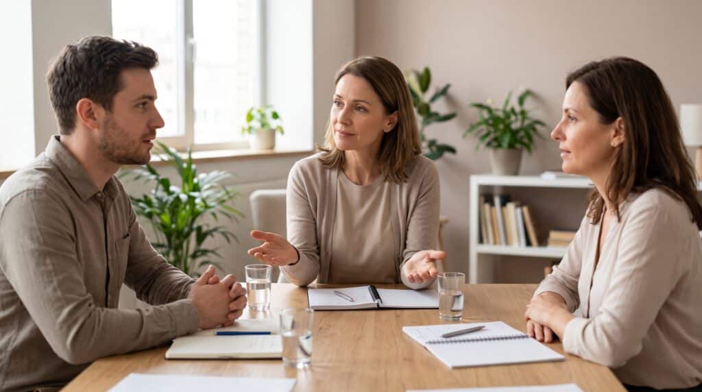 Mediadora facilitando o diálogo e a escuta ativa entre duas pessoas sentadas à mesa, aplicando técnicas para mediadores na resolução pacífica de conflitos.