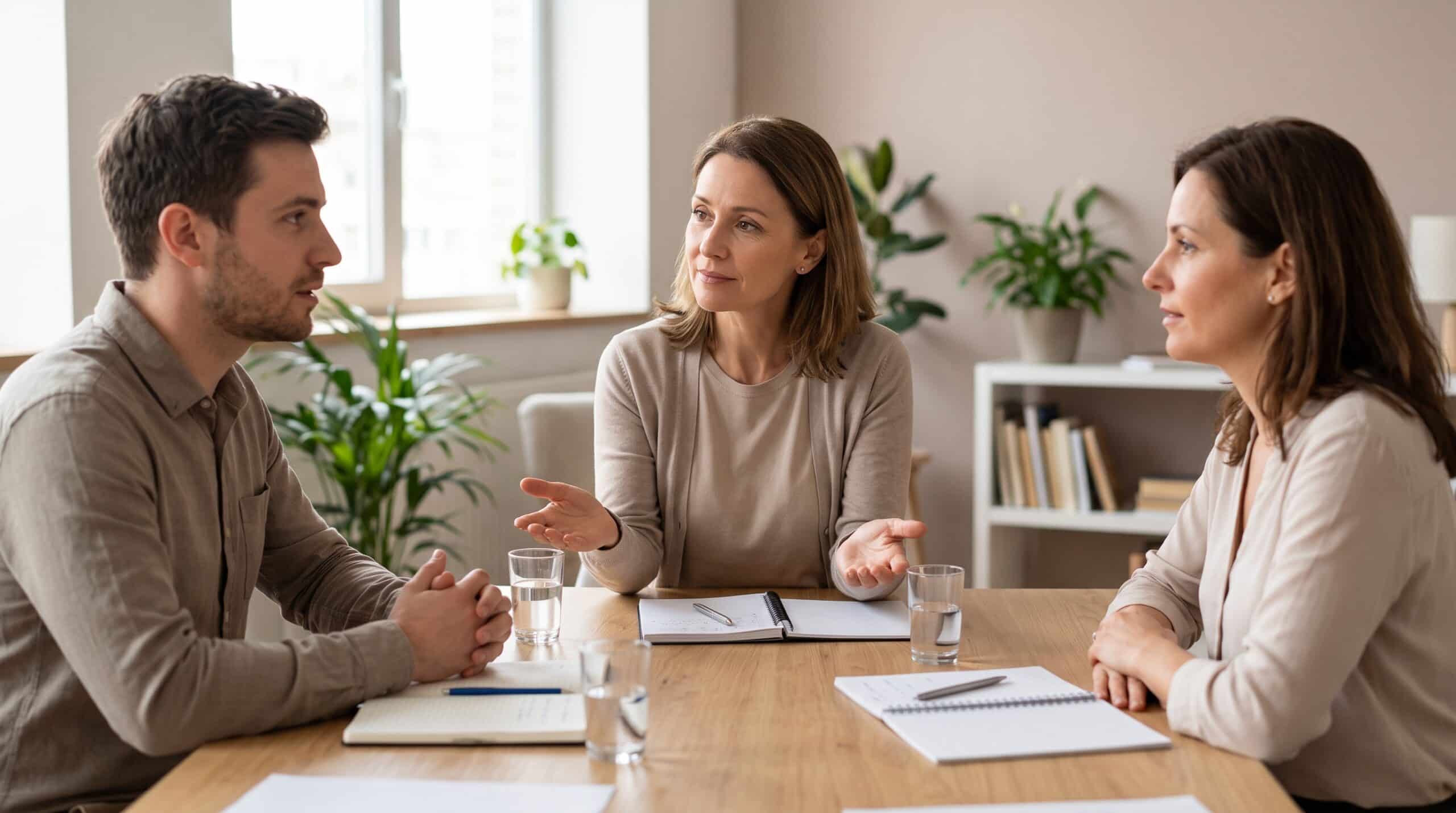 Mediadora facilitando o diálogo e a escuta ativa entre duas pessoas sentadas à mesa, aplicando técnicas para mediadores na resolução pacífica de conflitos.