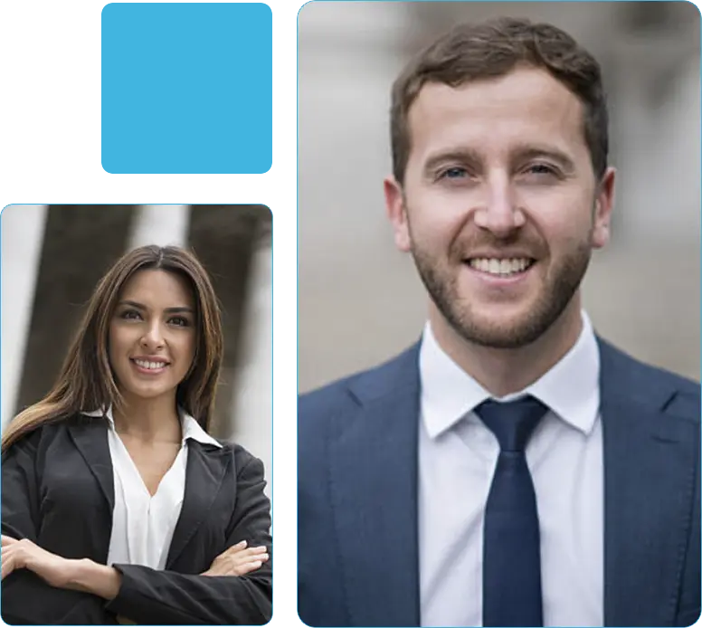 Fotografia de uma mulher jovem com cabelos castanhos, usando um traje formal com blazer preto e camisa branca. Ela está sorrindo e com os braços cruzados, transmitindo uma imagem de confiança e profissionalismo. Fotografia de um homem jovem com barba curta e cabelos castanhos, usando um terno azul escuro e gravata. Ele está sorrindo, criando uma impressão de acessibilidade e profissionalismo.