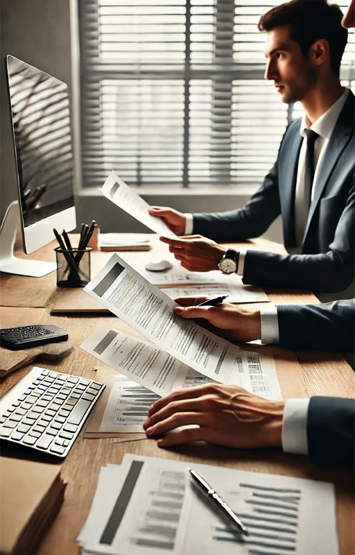 Uma pessoa segura documentos enquanto trabalha em frente a um computador, com uma outra pessoa ao fundo analisando um clipboard. A imagem sugere um ambiente de trabalho corporativo ou análise de documentos legais.