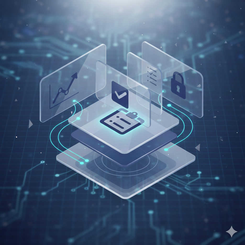 Ilustração abstrata representando a organização e a segurança de processos jurídicos digitais, com camadas estruturadas, ícones de checklist, gráficos e cadeado, simbolizando previsibilidade, transparência e tecnologia aplicada à arbitragem e mediação online. Representa as custas da Arbtrato.